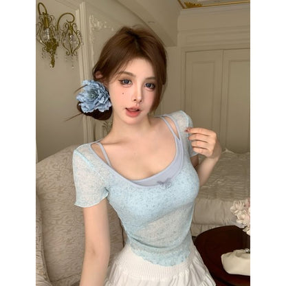 Neck Short-Sleeve Top Set: Square Camisole +