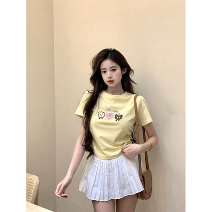 Crewneck Crop Short-Sleeve T-Shirt Embroidered