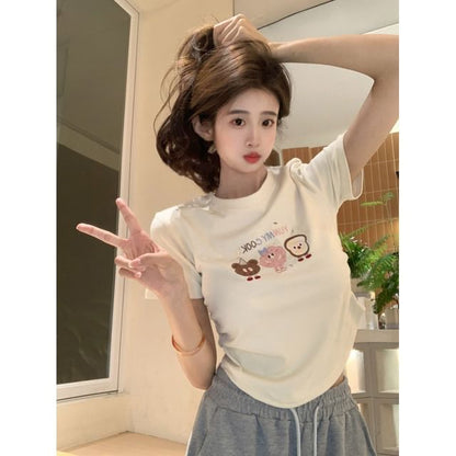 Crewneck Crop Short-Sleeve T-Shirt Embroidered