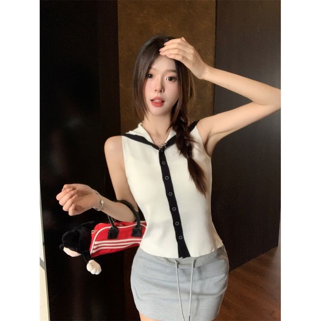 Sailor Top Button-Up Collar Knit Sleeveless