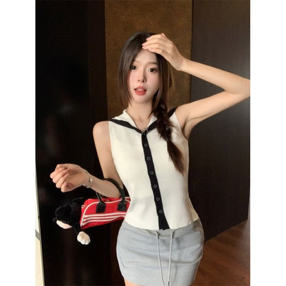 Sailor Top Button-Up Collar Knit Sleeveless