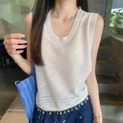 Plain Fringed Crew Neck Knit Tank