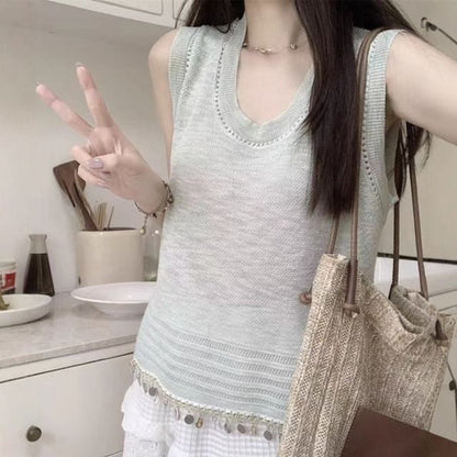 Plain Fringed Crew Neck Knit Tank