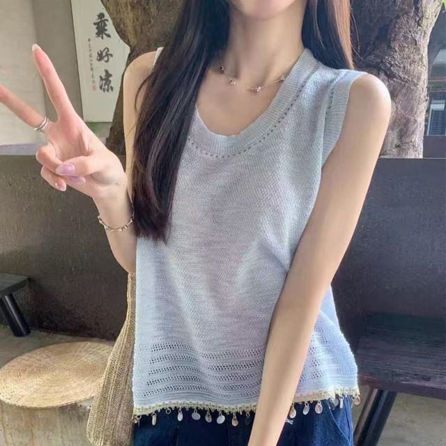 Plain Fringed Crew Neck Knit Tank