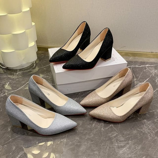 Pumps Pointed Toe Block Heel Glitter