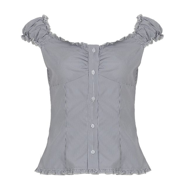 Frilled Buttoned V-Neck Cap-Sleeved Top