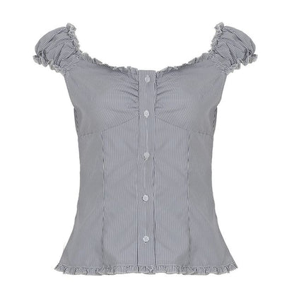 Frilled Buttoned V-Neck Cap-Sleeved Top