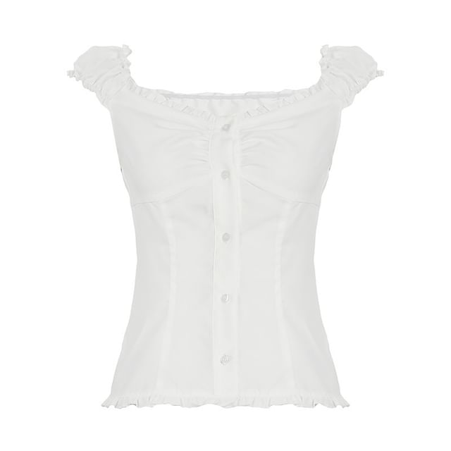 Frilled Buttoned V-Neck Cap-Sleeved Top