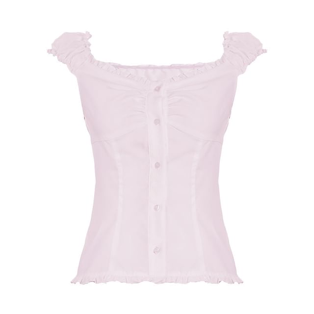 Frilled Buttoned V-Neck Cap-Sleeved Top