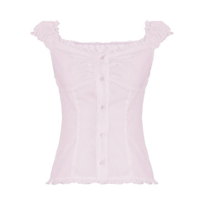 Frilled Buttoned V-Neck Cap-Sleeved Top