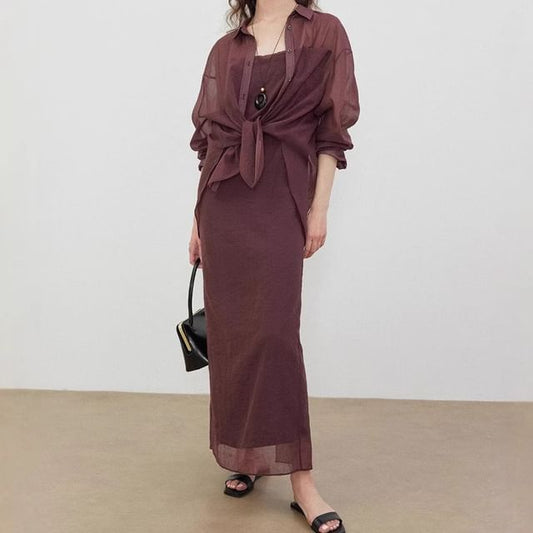 Sheer Long-Sleeved Shirt / Spaghetti Strap Maxi Dress