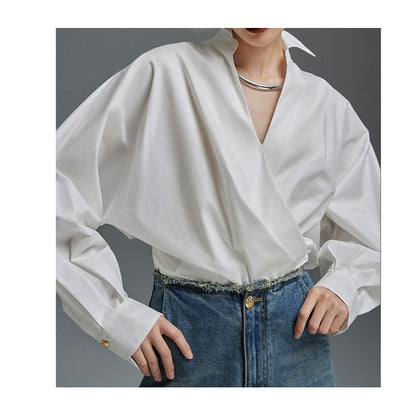 Plain V-Neck Puff-Sleeved Blouse