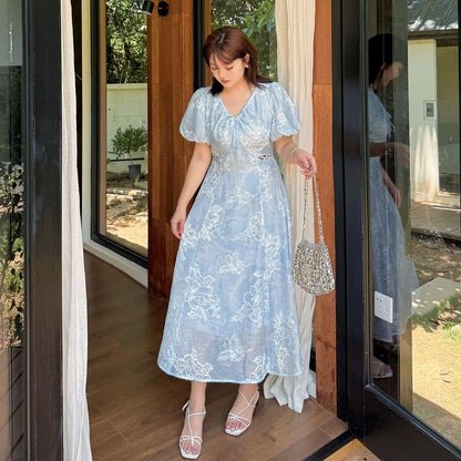 Plus Size Puff Short Sleeve V-Neck Floral Embroidered Cutout Midi A-Line Dress