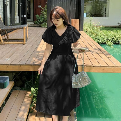Plus Size Puff Short Sleeve V-Neck Plain Ruched Midi A-Line Dress
