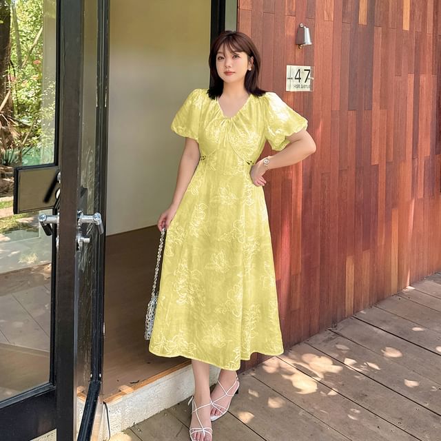 Plus Size Puff Short Sleeve V-Neck Floral Embroidered Cutout Midi A-Line Dress