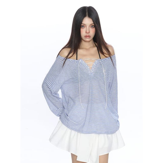 Striped Rhinestone Off-Shoulder Lace-Up Long-Sleeved Tee
