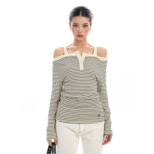 Striped Contrast-Trim Cold-Shoulder Long-Sleeved Tee