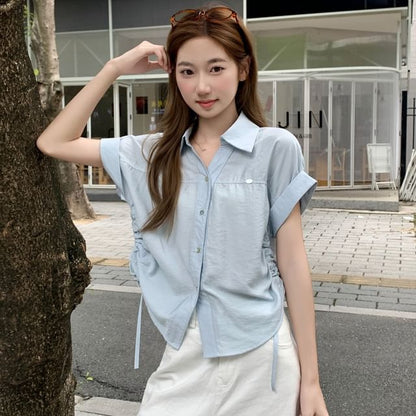 Drawstring Collared Short-Sleeved Plain Shirt