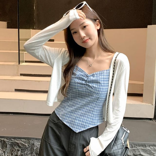 Ruched Plaid Camisole / Plain Open-Front Cardigan