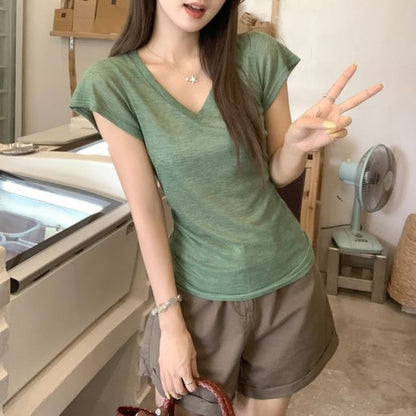 Cap-Sleeved V-Neck Plain Tee