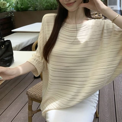 Boat-Neck Elbow-Sleeved Plain Knit Top