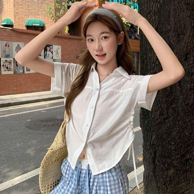 Drawstring Collared Short-Sleeved Plain Shirt