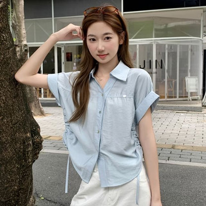 Drawstring Collared Short-Sleeved Plain Shirt