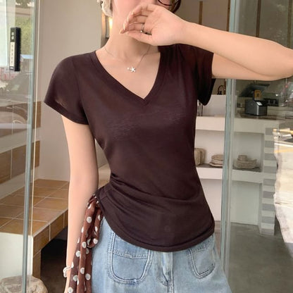Cap-Sleeved V-Neck Plain Tee