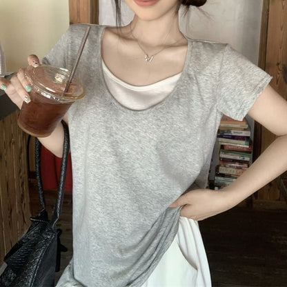 Mock Two-Piece Round-Neck Short-Sleeved Tee