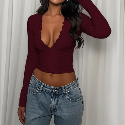 Lace-Trimmed Cropped V-Neck Long-Sleeved Top