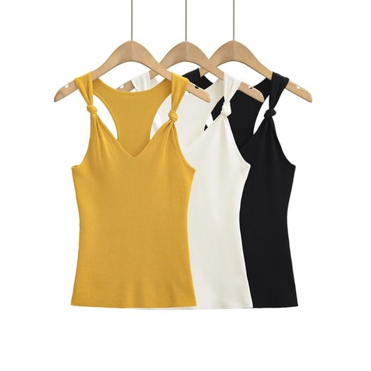 Knotted V-Neck Plain Knit Tank Top