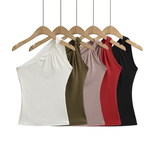 Twisted One-Shoulder Sleeveless Plain Top