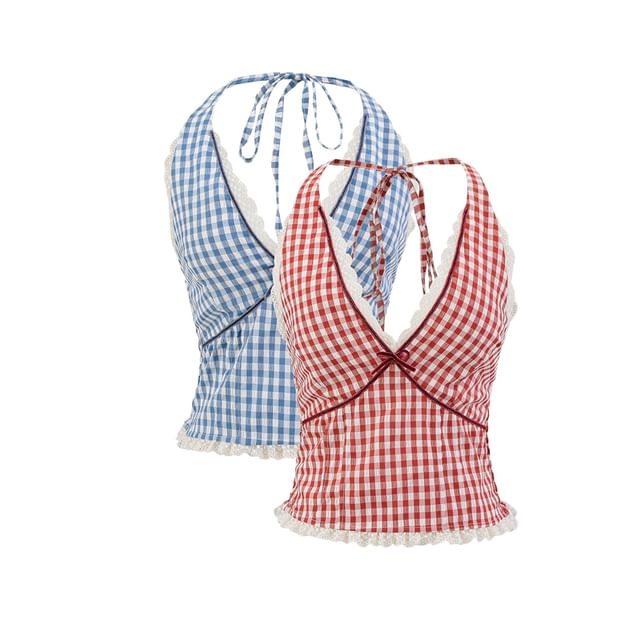 Plaid Lace-Trimmed Halter V-Neck Top