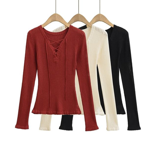 Ribbed Knit Lace-Up Long-Sleeved V-Neck Top