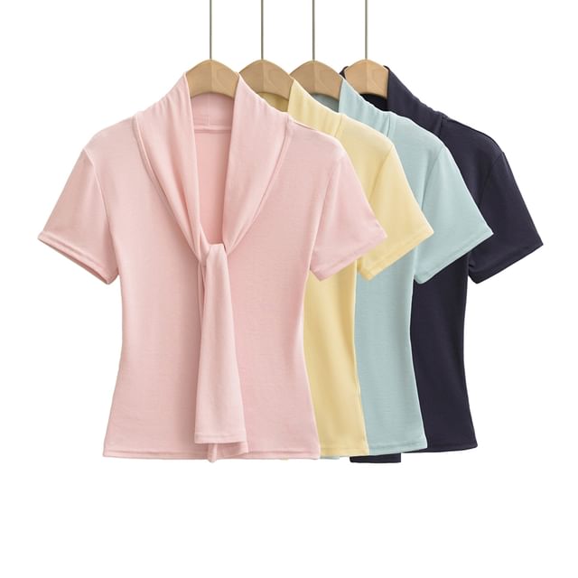 Tie-Neck Short-Sleeved Plain Top