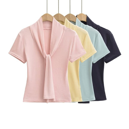 Tie-Neck Short-Sleeved Plain Top