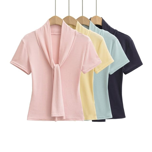 Tie-Neck Short-Sleeved Plain Top