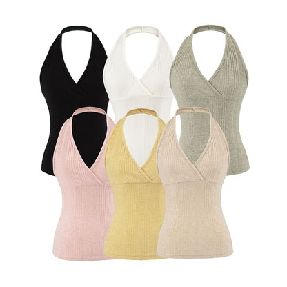 Ribbed Halter V-Neck Plain Top
