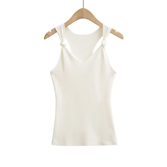 Knotted V-Neck Plain Knit Tank Top