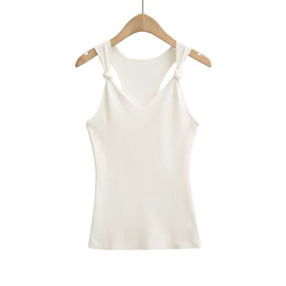 Knotted V-Neck Plain Knit Tank Top