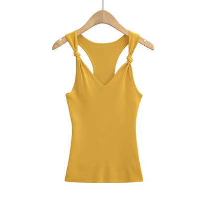 Knotted V-Neck Plain Knit Tank Top