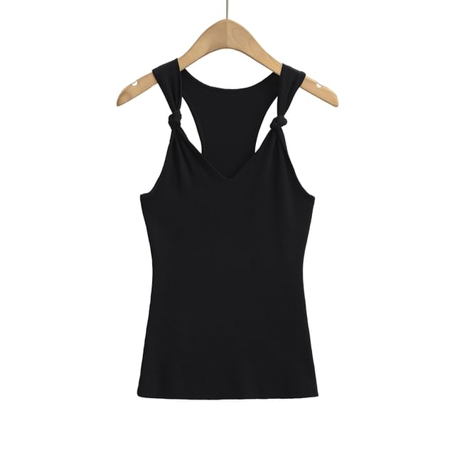 Knotted V-Neck Plain Knit Tank Top