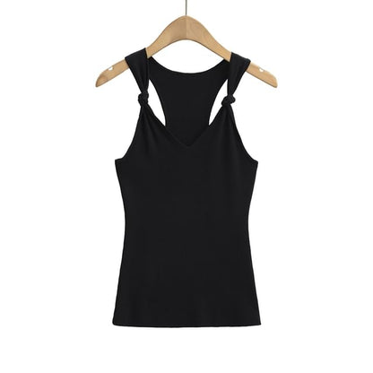 Knotted V-Neck Plain Knit Tank Top