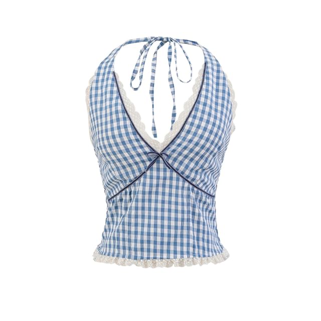 Plaid Lace-Trimmed Halter V-Neck Top