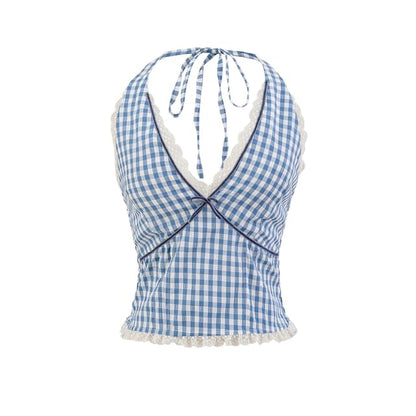 Plaid Lace-Trimmed Halter V-Neck Top