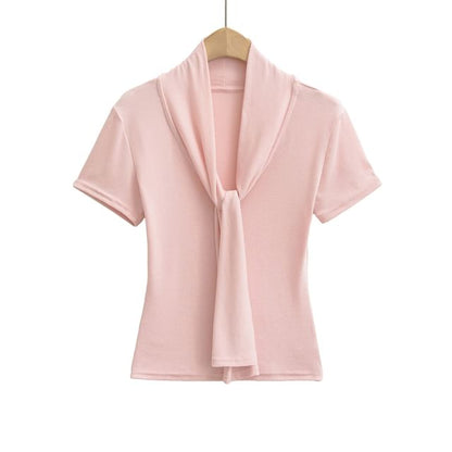 Tie-Neck Short-Sleeved Plain Top