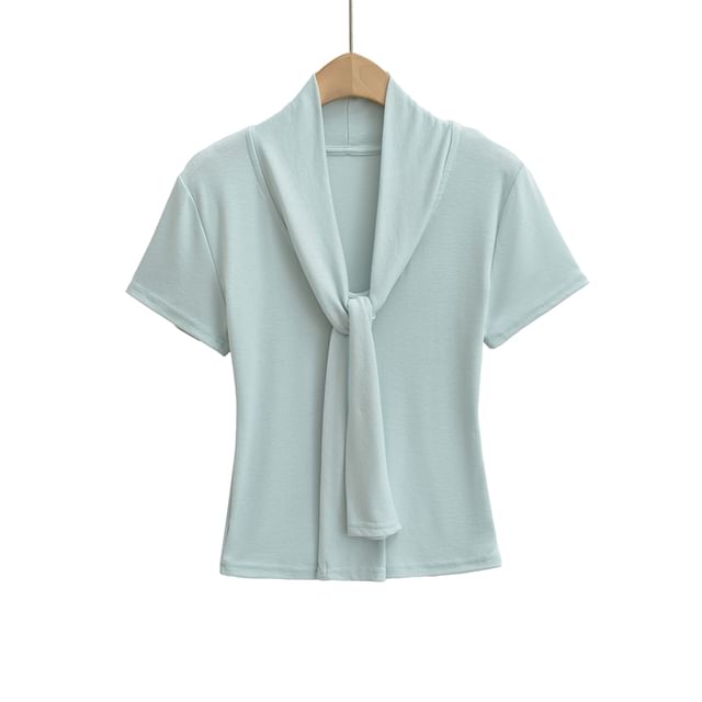 Tie-Neck Short-Sleeved Plain Top
