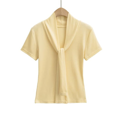 Tie-Neck Short-Sleeved Plain Top