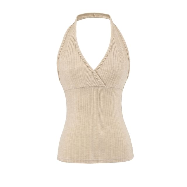 Ribbed Halter V-Neck Plain Top