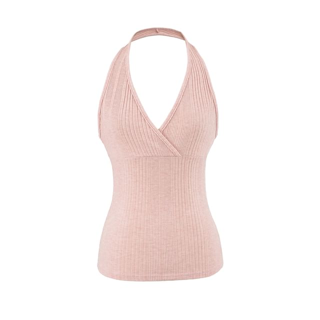Ribbed Halter V-Neck Plain Top
